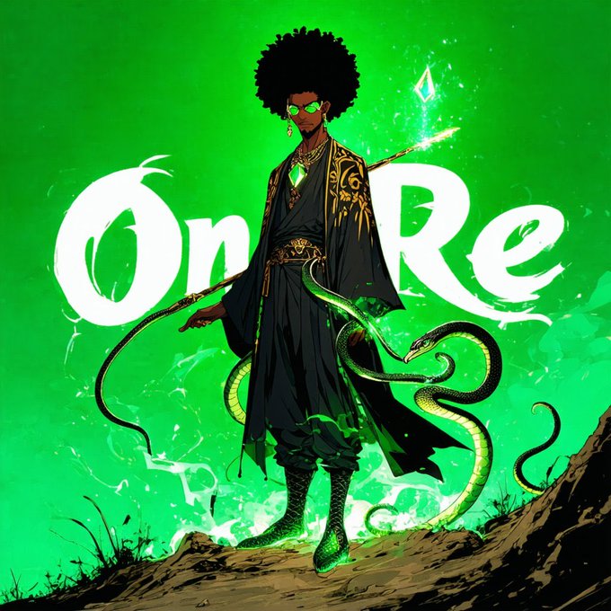 An anime-style illustration of a character with an afro, sunglasses, and dark robes holding a staff with a green snake coiled around them, set against a vibrant green background with stylized text 'On Re'.