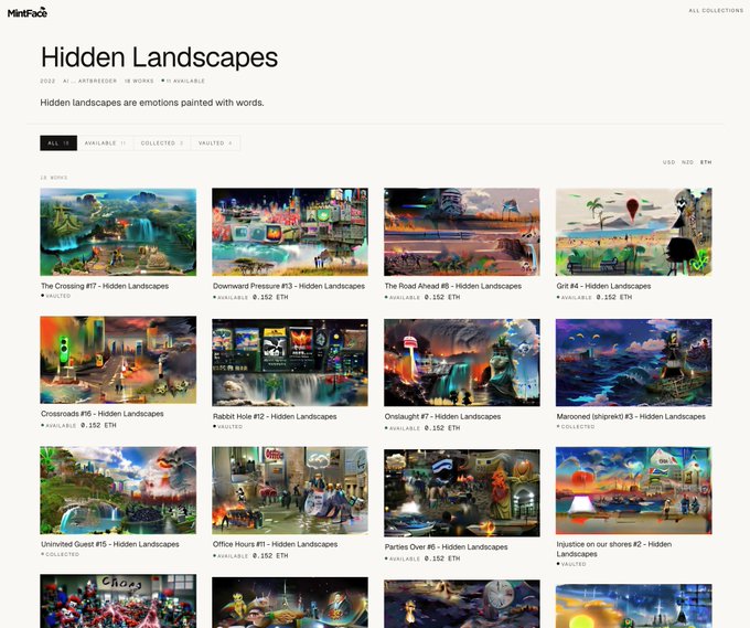A MintFace collection page for 'Hidden Landscapes' by Artreeder, displaying various surreal and colorful digital artwork thumbnails with their availability status and prices in ETH.