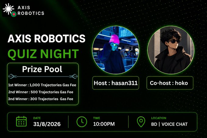An event poster for 'AXIS ROBOTICS QUIZ NIGHT' hosted by hasan311 and co-host hoko on 31/8/2026 at 10:00PM in BD Voice Chat, with a prize pool of up to 1,000 Trajectories Gas Fee.