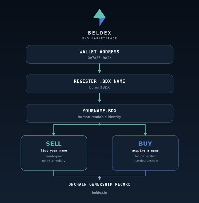 An infographic for BELDEX BNS MARKETPLACE explaining the process of registering .BDX names, showing wallet address, registration burning $BDX, and resulting in yourname.bdx for selling or buying.