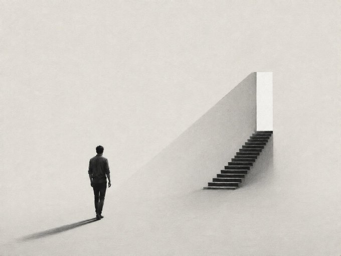 A minimalist illustration shows a man walking toward a staircase that ascends into a plain wall in a vast empty space.