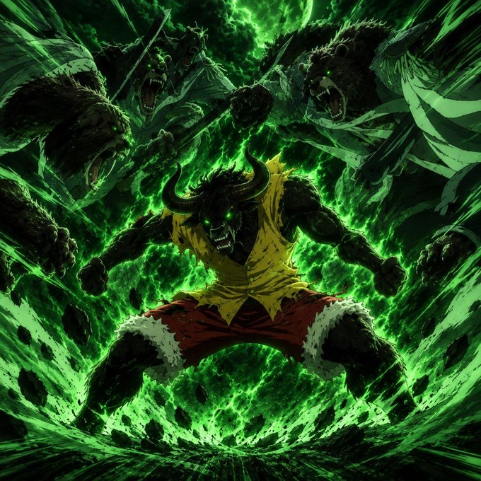 Anime-style artwork depicting a powerful horned character surrounded by green energy and multiple bear-like creatures, resembling an Ultra Instinct-style power-up scene.
