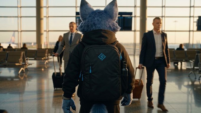 An anthropomorphic blue-gray figure with a backpack stands from behind in an airport terminal as travelers walk nearby.