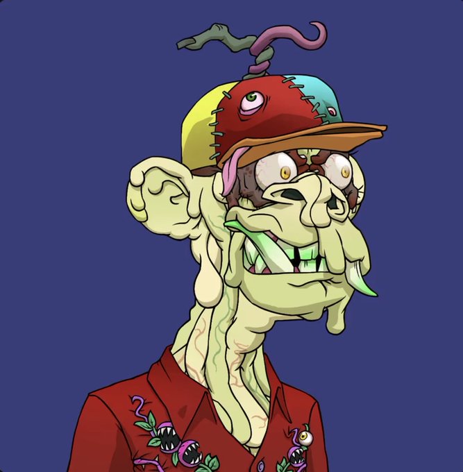 The image features an anthropomorphized cartoon character wearing a red shirt with a flower design, a hat that looks like a spinner hat, and has a face painted on it. The character appears to be a monster or a robot-like creature from another planet. The caption of the image reads "stoked to re-join the @BoredApeYC after a long hiatus. spinner hats are my absolute fav trait!".