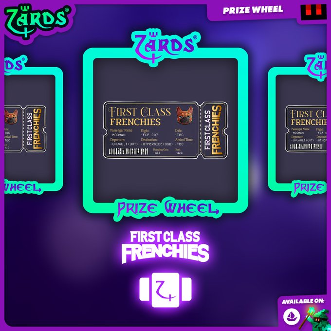 A promotional graphic for the Lil Zards® Prize Wheel featuring a "First Class Frenchies" digital boarding pass ticket in the center, with additional partially visible tickets on the sides, all set against a purple background. The design promotes a guaranteed mint pass and free $ZARDS tokens, as indicated by the caption, with the platform available on OpenSea as noted in the bottom right corner.