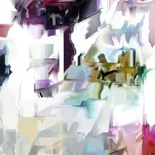 The image features a chaotic artwork with abstract shapes of various colors, including shades of white, purple, pink, orange, blue, green, and gray. This artistic mess has been partially scrambled by using the "undo scaffolding" function, which has resulted in an intricate composition with a unique style. The art piece is being shared on social media platforms, where it has gained attention for its rarity due to the obscure price of $0.15.