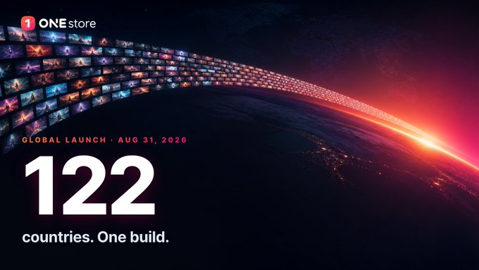 A dramatic space-themed promotional image for ONEstore's global launch on August 31, 2026, featuring a glowing arc of digital screens orbiting Earth with the bold text "122 countries. One build." The visual reinforces the post's announcement of ONEstore Global's unified platform launch across 122 markets with a single global build, while the stream of illuminated screens symbolizes the worldwide distribution network of 1,000+ titles becoming available simultaneously.