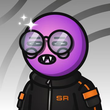 A shiny purple cartoon character wearing glasses, a black hoodie with "SR" in orange text, and sporting vampire-like fangs smiles under a sparkle, matching the upbeat "Love to see it!!" sentiment with its cheerful, hype expression.