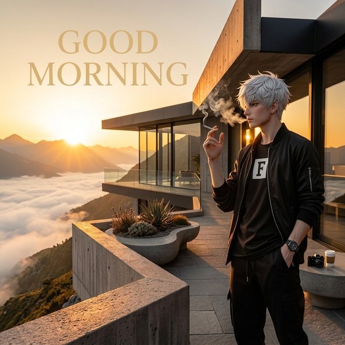 We need to write a concise 1-2 sentence caption describing what is in the image, including any key text, numbers, tickers or names visible. Also note how the image relates to the accompanying post.

The image: a person with silver hair, wearing black outfit, standing on a balcony of a modern house overlooking mountains and clouds at sunrise. Text "GOOD MORNING" in gold letters in upper left. There's a coffee cup, camera, etc. The person is smoking.

We need to incorporate key text: "GOOD MORNING". Also maybe "F" on shirt. Also maybe the watch, but not text.

The post says: "GM morning Web3 It's the Sixth River Season New season means new opportunities! The River ecosystem is growing further as $RIVER S6 will be in market throughout September and a new product is in the making. S5 airdrop claims are also coming up soon and this is the perfect". So the