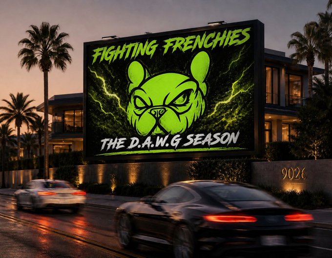 A digital billboard advertisement displaying "FIGHTING FRENCHIES - THE D.A.W.G SEASON" with a neon green French bulldog graphic, mounted outside a modern building with palm trees and luxury cars passing by.