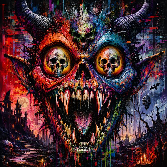 A vivid, dark fantasy digital artwork featuring a massive demonic skull with horns, skull-shaped eyes, and sharp fangs, set against a Halloween-themed background with castles and eerie landscapes.