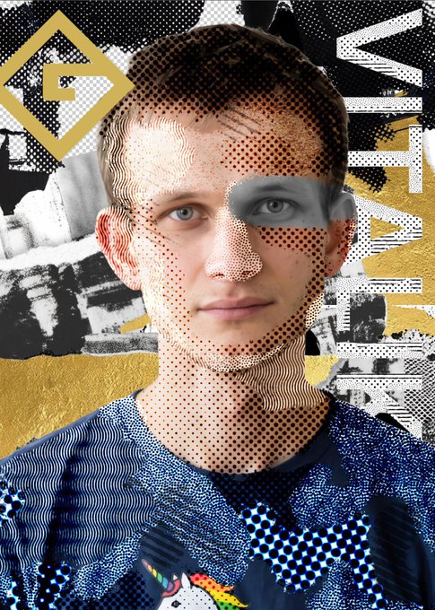 A young man with short hair and a blue patterned shirt is featured in a stylized digital collage with halftone dot effects and gold geometric accents. In the background, the text "VITALIK" appears vertically alongside abstract industrial imagery, referencing Vitalik Buterin, the Ethereum co-founder, aligning with the post's mention of "gVITALIK decentral eyes" by GrailCo and Coldie.