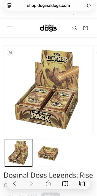 A mobile screenshot of the Doginal Dogs shop website (shop.doginaldogs.com) displaying a "Doginal Dogs Legends: Rise of the Pack" trading card box priced at $169. The image showcases the product page for the new DDLTCG card game expansion, aligning with the post's announcement about the Doginal Dogs Legends trading card game as a community-driven creative venture.