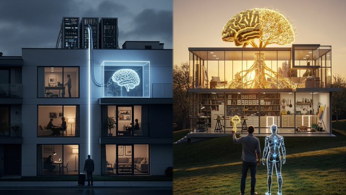 A split AI-generated image showing a modern multi-story building on the left with a glowing blue brain window and a person walking outside, contrasted with the right side showing a similar building featuring a massive golden brain structure on top and a transparent humanoid figure standing nearby.