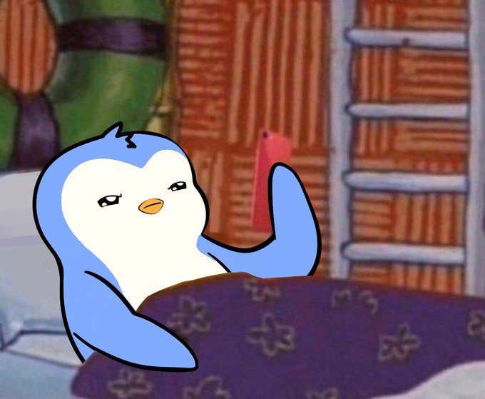 A cartoon penguin character with a blue body and white belly reclines on a patterned purple cushion, holding a red rectangular object, possibly a phone.