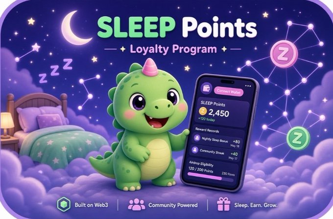 A colorful promotional graphic for 'SLEEP Points Loyalty Program' features a cute green dinosaur mascot standing beside a phone interface showing 2,450 sleep points and reward records including 'Nightly Sleep Bonus +60' and 'Community Streak +40,' with text 'Built on Web3 | Community Powered | Sleep. Earn. Grow.'