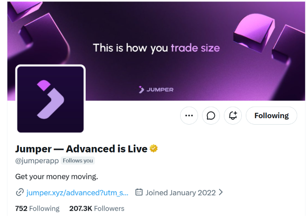 A Twitter/X profile page for 'Jumper — Advanced is Live' (@jumperapp) shows 207.3K followers with a banner reading 'This is how you trade size'.