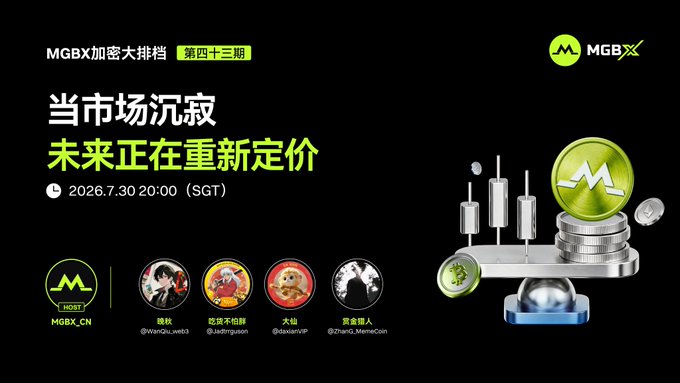A promotional banner for MGBX Crypto Night Market Episode 43, featuring candlestick charts and the green MGBX coin logo, announcing a live stream on July 30, 2026 at 20:00 (SGT) titled "When the market falls silent, the future is being repriced" with hosts including @WangGu_web3, @Jadittrguson, @deasainvP, and @ZhangE_MemeCoin, alongside a 50 USDT giveaway.