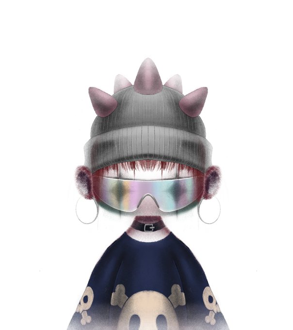 A stylized illustration of a child wearing a gray spiked beanie, reflective ski goggles, hoop earrings, and a dark skull-print sweater, matching the "strange creatures" theme of the pyopyopyo NFT project minting on Robinhood Chain.