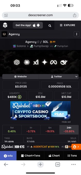 A screenshot of DexScreener shows the $AGENCY token on the Solana blockchain, priced at $0.01135 with a 24H drop of -33.80%, supporting the post's warning about the token's rapid decline after a brief FOMO spike. The page displays additional metrics including a $480K liquidity, $10.8M FDV, and $10.9M market cap, illustrating the pump-and-dump pattern referenced in the caption.