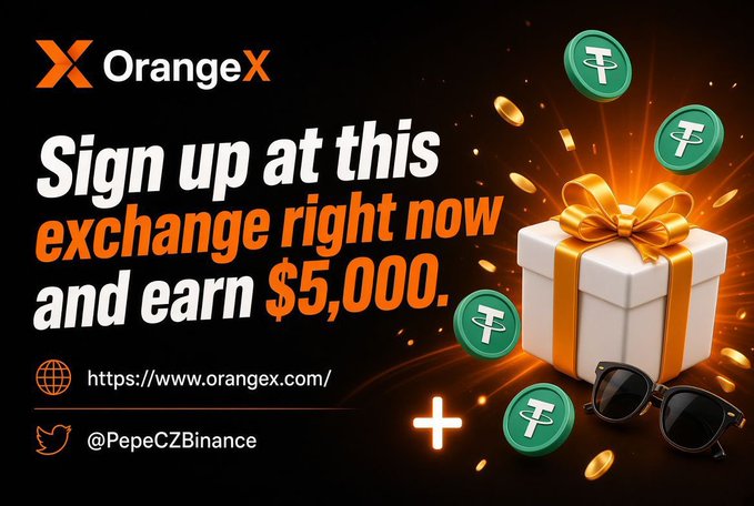 A promotional advertisement for 'OrangeX' crypto exchange encouraging sign-ups with the offer to earn $5,000, featuring a white gift box with gold ribbon, sunglasses, and Tether (₮) tokens, directing to https://www.orangex.com/ and the Twitter handle @PepeCZBinance.