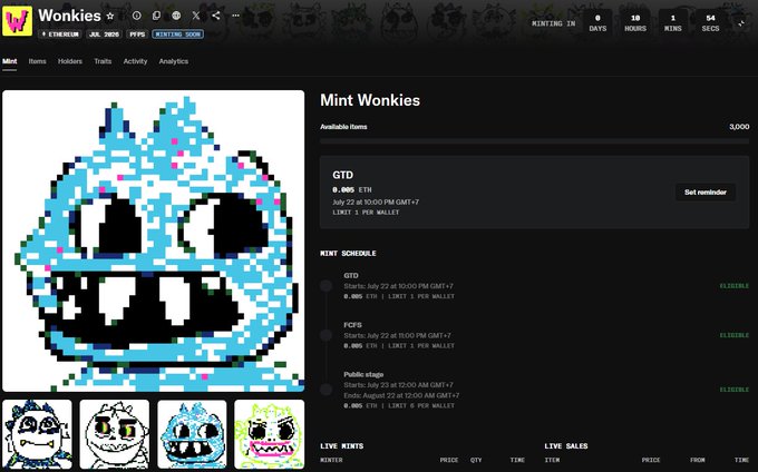 A webpage from the Wonkies NFT project displaying a blue pixel-art monster named 'Mint Wonkies' with a mint schedule including GTD, FCFS, and Public stages priced in ETH.