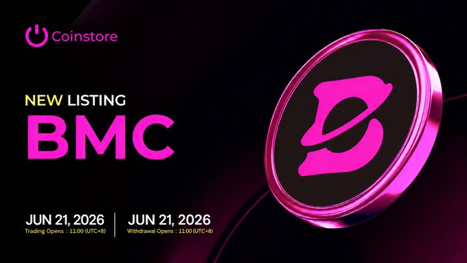 The image features a pink coin with the letters "BMC" written on it, which is displayed against a black background. The text at the bottom of the image reads "New Listing BMc", indicating that there is a new listing for BMc coins. Additionally, there are two dates and times provided in the image: June 21, 2026, and June 21, 2026, respectively. These details suggest that the coin listing event may be taking place on these specific dates.