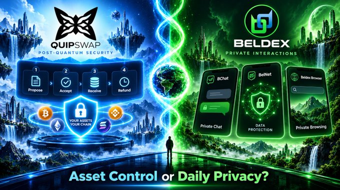 A split digital graphic contrasts 'QUIPSWAP POST-QUANTUM SECURITY' on a blue left side with 'BELDEX PRIVATE INTERACTIONS' on a green right side, asking 'Asset Control or Daily Privacy?'.