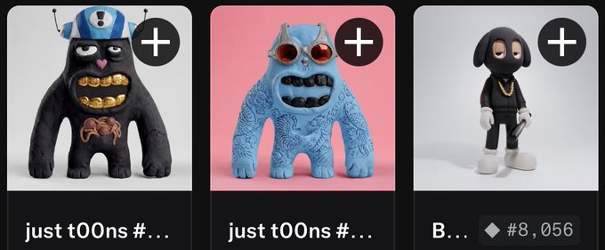 Three NFT collectibles displayed on a marketplace, showing ceramic-style monster figures labeled 'just t00ns' and a cartoon character 'B...' priced at 8,056.