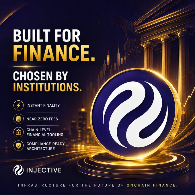 A promotional graphic for 'INJECTIVE' with the tagline 'BUILT FOR FINANCE. CHOSEN BY INSTITUTIONS.', highlighting features like instant finality, near-zero fees, and compliance-ready architecture, set against a backdrop of classical columns and a city skyline.