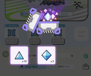 A screenshot from a mobile game showing a loot or reward screen with a highlighted banner, displaying blue triangle crystals and indicating quantities like 'x10' and 'x3'.