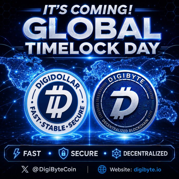 Promotional graphic for 'Global Timelock Day' featuring DigiDollar and DigiByte cryptocurrency logos with the text 'FAST • SECURE • DECENTRALIZED' and links to @DigiByteCoin on X and digibyte.io.
