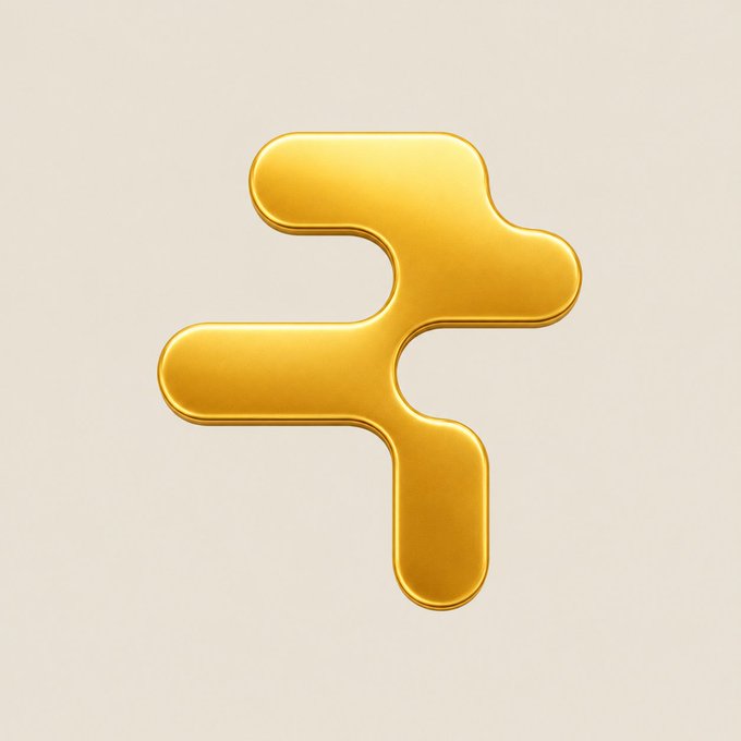 A 3D rendering of a shiny, gold-colored, abstract cross-like symbol on a light beige background.