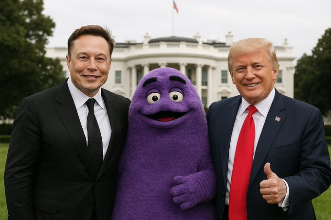 A digitally manipulated image shows Elon Musk and Donald Trump flanking a purple character in front of the White House. The image's surreal nature reflects the abstract and often chaotic nature of the cryptocurrency address and handle provided in the accompanying text.