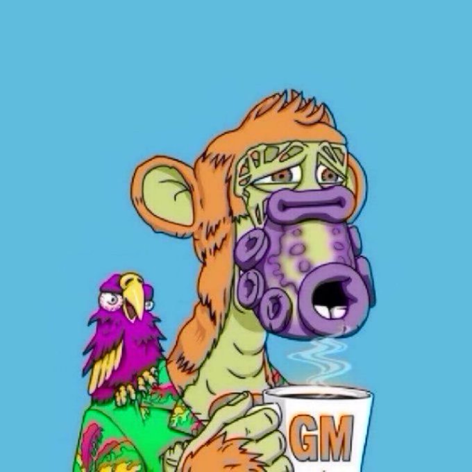 A cartoon illustration of a monkey wearing a green shirt and purple gas mask holding a steaming mug labeled 'GM', with a purple bird perched on its shoulder.