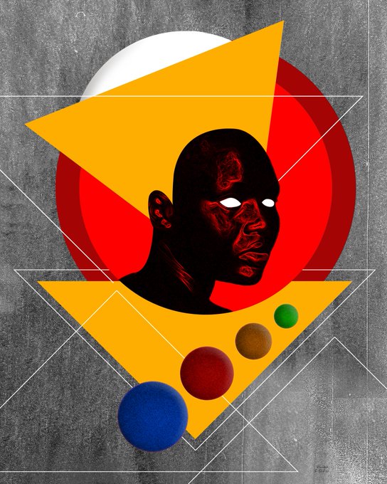 A modernist collage-style illustration featuring a black silhouetted face with white glowing eyes over a red circle and yellow triangles, accented by small colored spheres against a textured gray background.