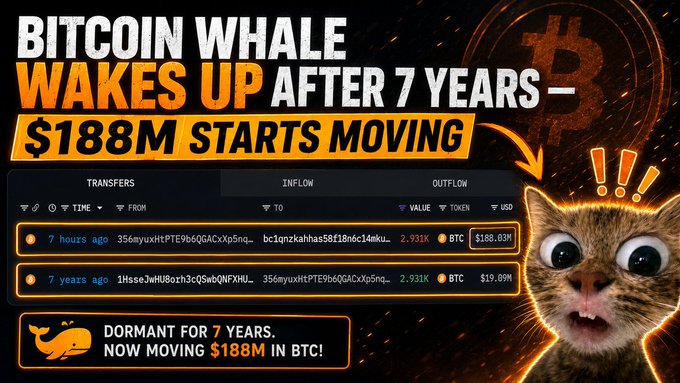A crypto news graphic headlined 'BITCOIN WHALE WAKES UP AFTER 7 YEARS – $188M STARTS MOVING' shows wallet transactions of 2.931K BTC ($188.03M) alongside a shocked cat meme and Bitcoin logo.