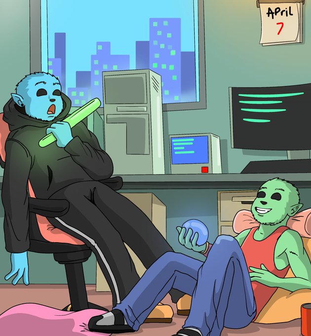 An anime-style illustration shows two characters in an office or tech room: a blue-skinned figure in a black hoodie sitting in a chair holding a glowing green bat, and a green-skinned figure sitting on a beanbag holding a glowing blue orb, with a calendar showing 'April 7'.