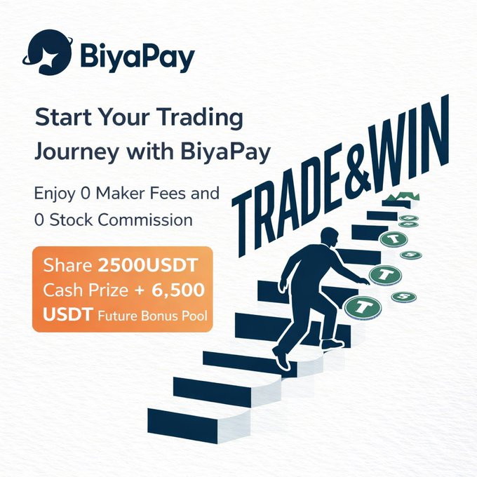 A BiyaPay advertisement offering 0 maker fees and 0 stock commission, with an illustration of a silhouette figure climbing stairs toward 'TRADE&WIN' and a promo to 'Share 2500USDT Cash Prize + 6,500 USDT Future Bonus Pool'.