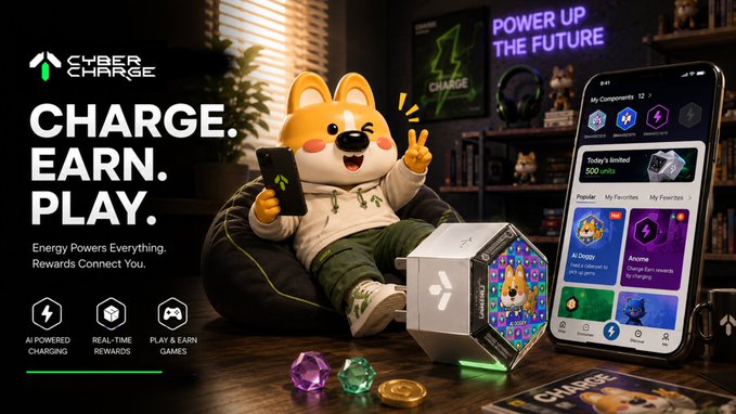 An advertisement for 'Cyber Charge' featuring a Shiba Inu mascot holding a phone next to a physical product box, with the tagline 'CHARGE. EARN. PLAY.' and 'POWER UP THE FUTURE.'