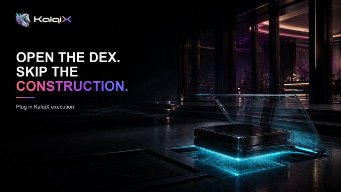 A dark, futuristic promotional banner for KalqiX featuring the text 'OPEN THE DEX. SKIP THE CONSTRUCTION.' and 'Plug in KalqiX execution.' alongside a glowing blue holographic device in a dimly lit high-tech room.