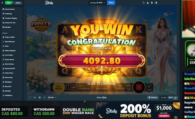 A screenshot of a "YOU WIN" celebration on Stake casino showing a total win of 4092.80 CAD, with banners promoting a 200% deposit bonus and a $1,000 giveaway code (VGOlEFS). The image ties into the giveaway promotion by showcasing a big win to entice users to follow the @Stake account.