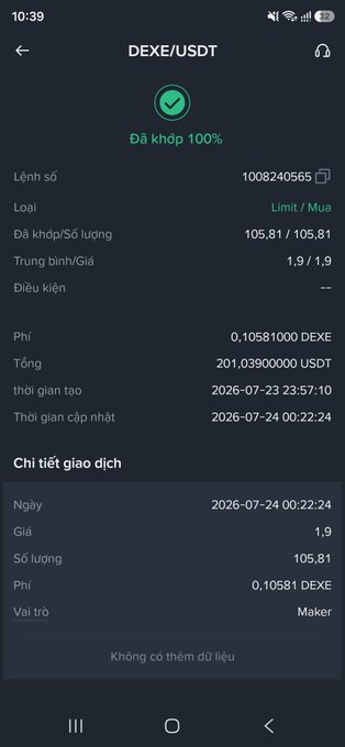 A mobile app screenshot showing a completed DEXE/USDT limit buy order for 105.81 DEXE at 1.9 USDT, fully filled (100%) on 2026-07-23/24, with a fee of 0.10581 DEXE.