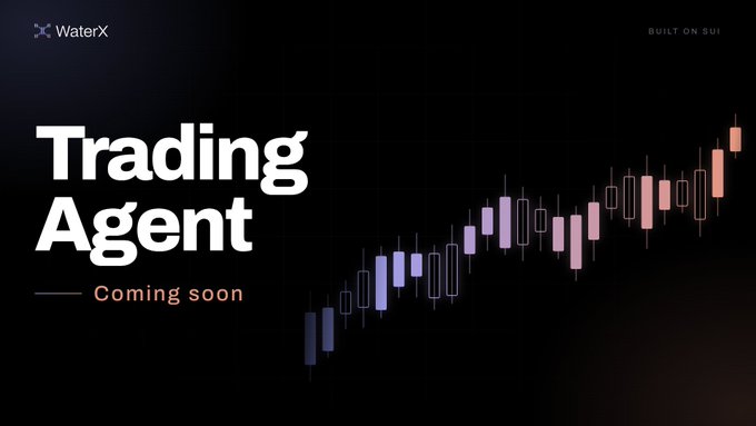 A promotional graphic for 'WaterX' announces a 'Trading Agent' coming soon, featuring a candlestick chart on a dark background.