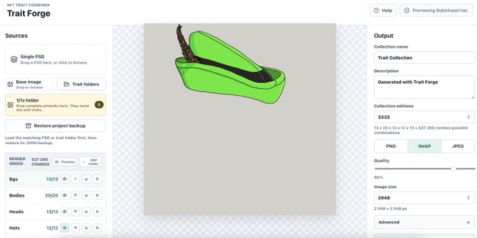 A web interface for 'Trait Forge' shows a preview of a green Robinhood hat NFT, with configuration options for layers like Bgs, Bodies, Heads, and Hats, and output settings for 2048x2048 PNG/WebP/JPEG at 80% quality.