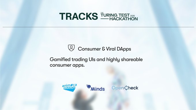 The image features a poster for a trading test called "TURNING TEST FOR TRADING HACKATHON". The poster also includes information about three new apps that are gaining popularity among users, including consumer & virtual DApps, Gamified Trading Uls and highly shareable consumer apps.