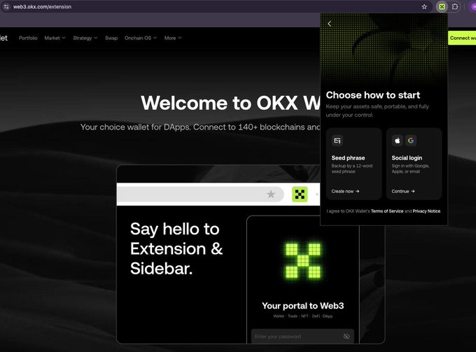 The image shows the OKX Web3 wallet extension interface with a "Choose how to start" menu offering "Seed phrase" or "Social login" options. This relates to the post by highlighting OKX's introduction of social login functionality (via Google's sign-in option shown), enabling easier onboarding for new users to self-custody wallets without needing to manually manage seed phrases from the start.