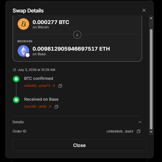A cryptocurrency swap transaction details screen showing 0.000277 BTC on Bitcoin being exchanged for 0.009812905946697517 ETH on Base, completed on July 3, 2026 with both transactions confirmed.