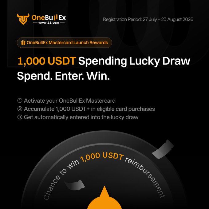 OneBullEx Mastercard Launch Rewards advertisement for a "1,000 USDT Spending Lucky Draw" running from 27 July to 23 August 2026, detailing steps to qualify.