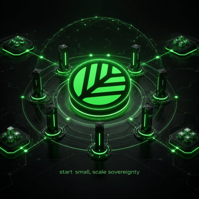 A futuristic green-themed digital graphic with a glowing circular logo and the tagline "start small, scale sovereignty."